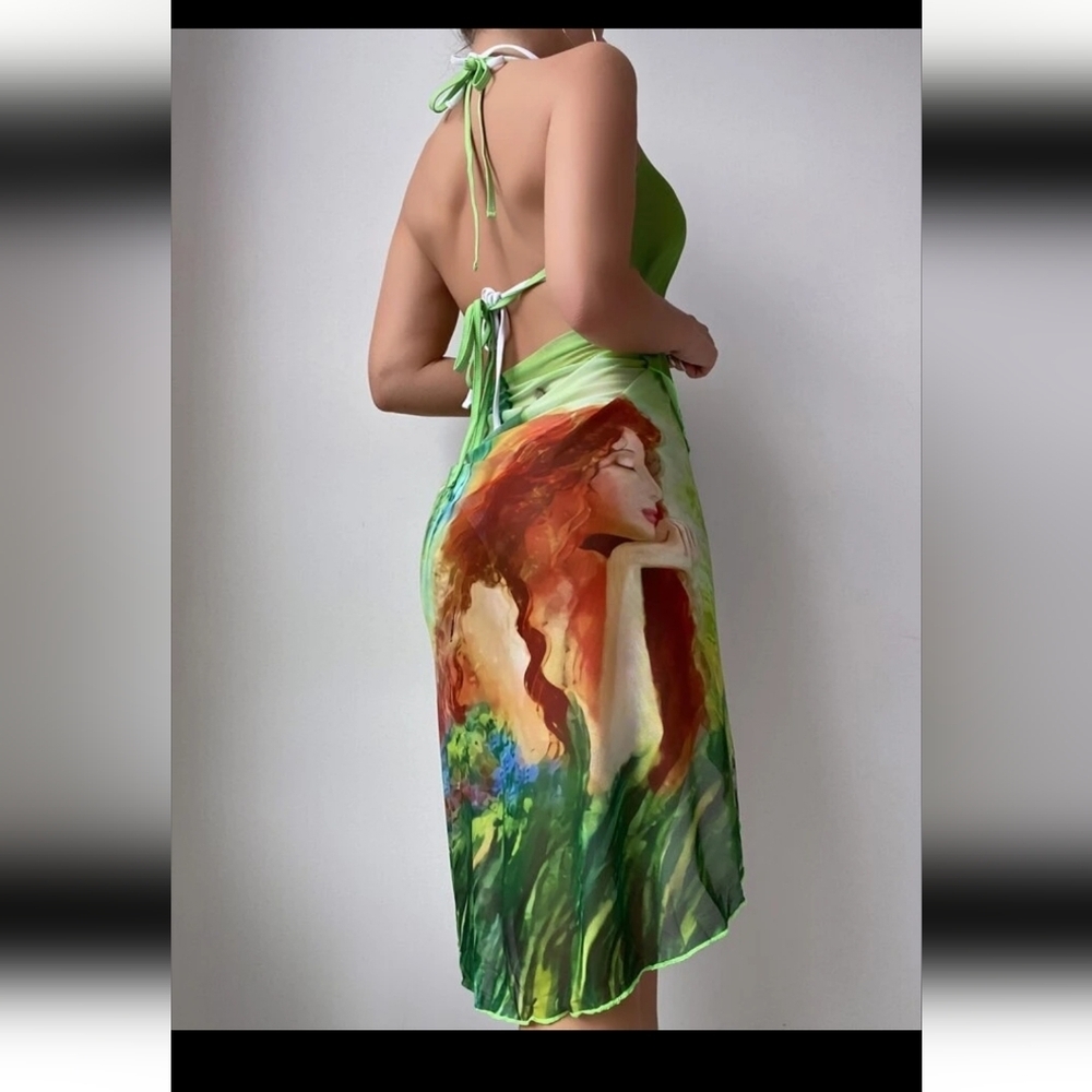 Figure Graphic Halter Tie Back Asymmetrical Hem Cover Up Dress - Picture 2 of 4
